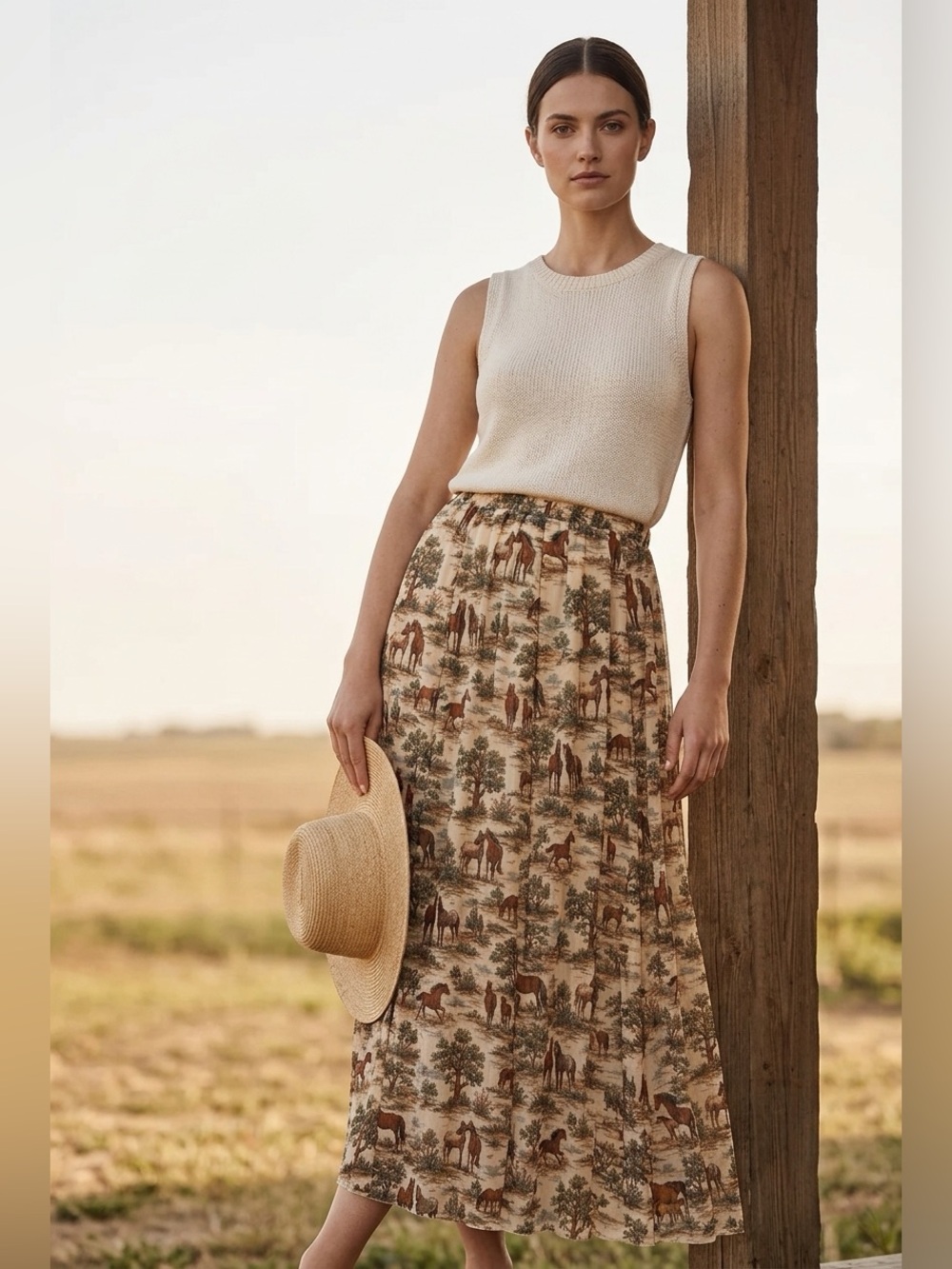 NWT Boho Cream Horse-Print Maxi Skirt - Women's Country Maxi
